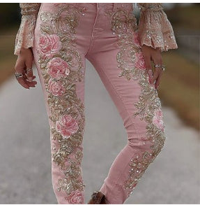 Women's Floral Print Faux Denim Pencil Trousers | Mid-Rise | S-5XL