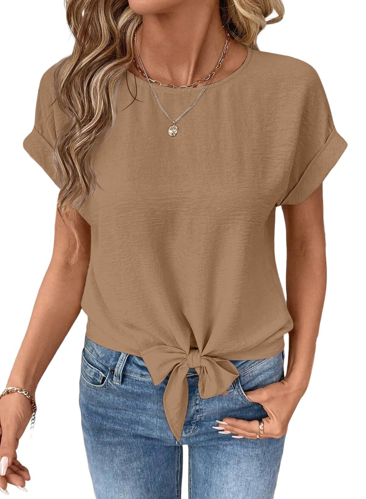 Women's Bow-Tied Hem Short-Sleeve Top | Round-Neck Pullover Shirt