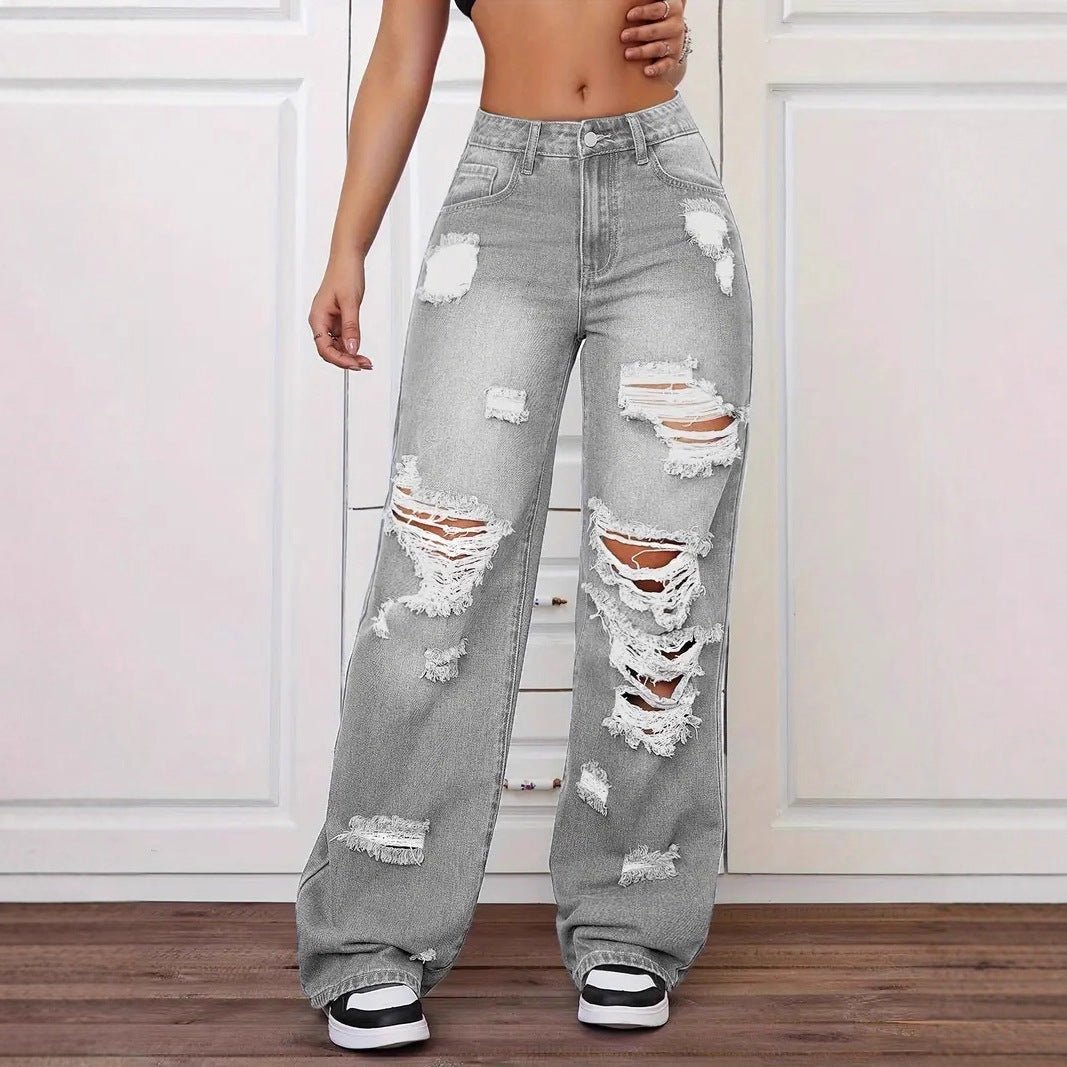 Women's High-Rise Straight Leg Ripped Jeans – Vintage Washed Denim