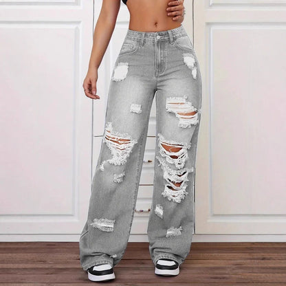 Women's High-Rise Straight Leg Ripped Jeans – Vintage Washed Denim