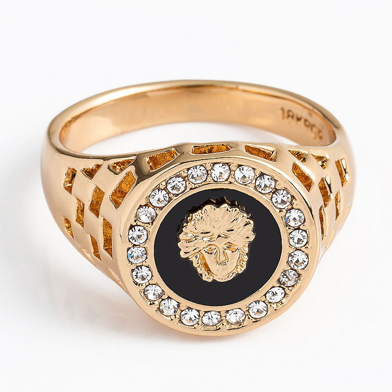 Men's Lion Head Ring – Czech Diamond Inlay 24K Gold & White Gold Enamel Band