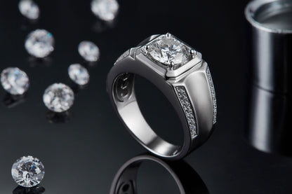 Men's Moissanite 925 Sterling Silver Platinum-Plated Ring | 1, 2 & 3 Carat | GRA Certified