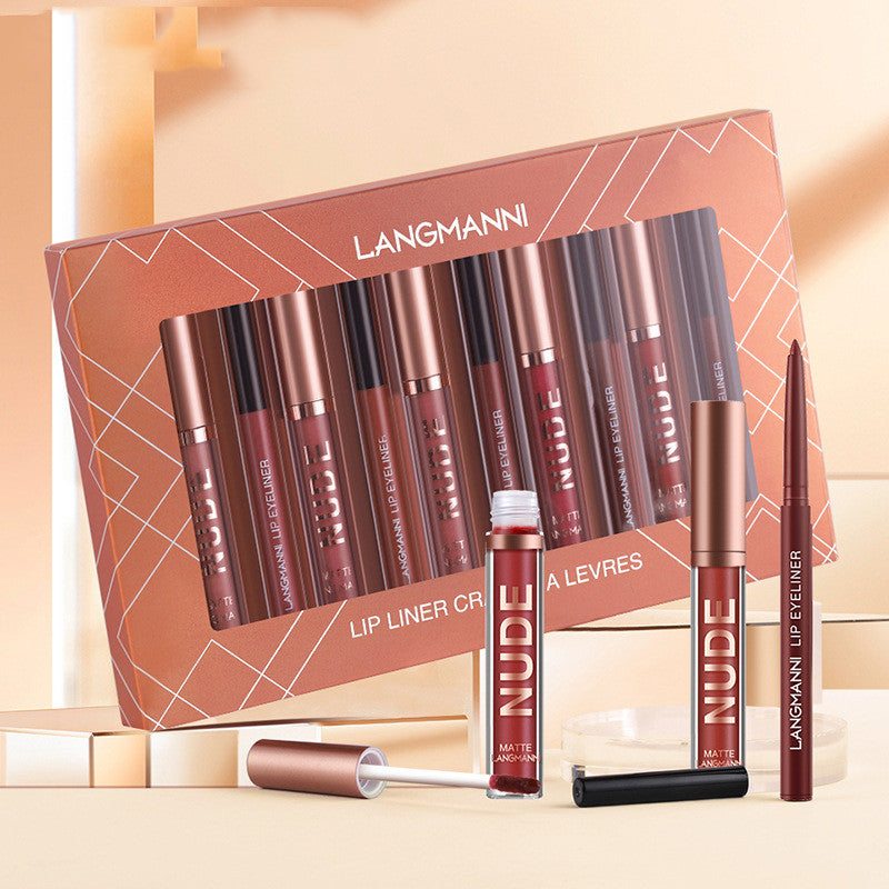 12-Piece Matte Lipstick & Lip Liner Set – 6 Lipsticks + 6 Liners, Kiss-Proof