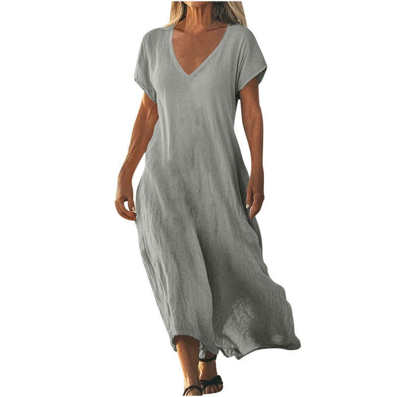 Women's Cotton Linen V-Neck Midi Dress