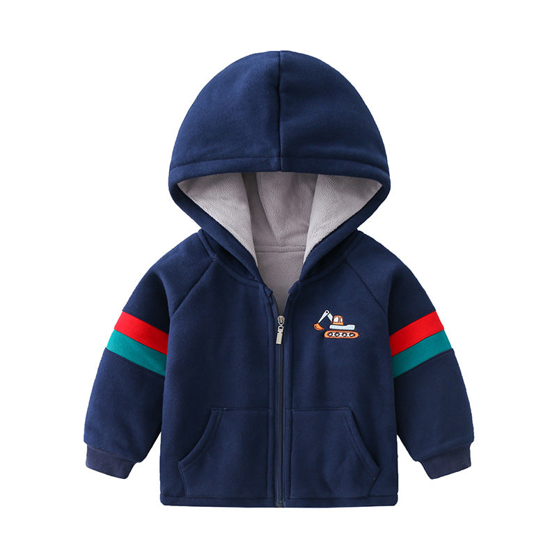 Children's Thickened Cotton Hooded Jacket | Cartoon Embroidered Kids Coat