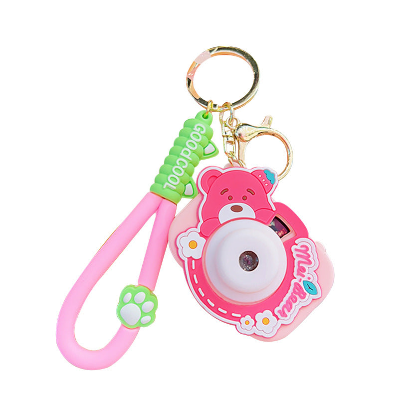 Bear Sweet Projection Camera Keychain | Light-Up Luminous Charm | White & Rose Red