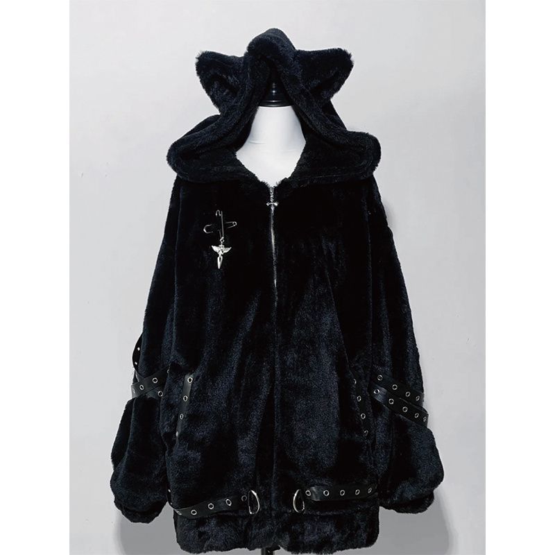 Women's Cat-Ear Mid-Length Coat - Long Sleeve Polyester Outerwear Black White