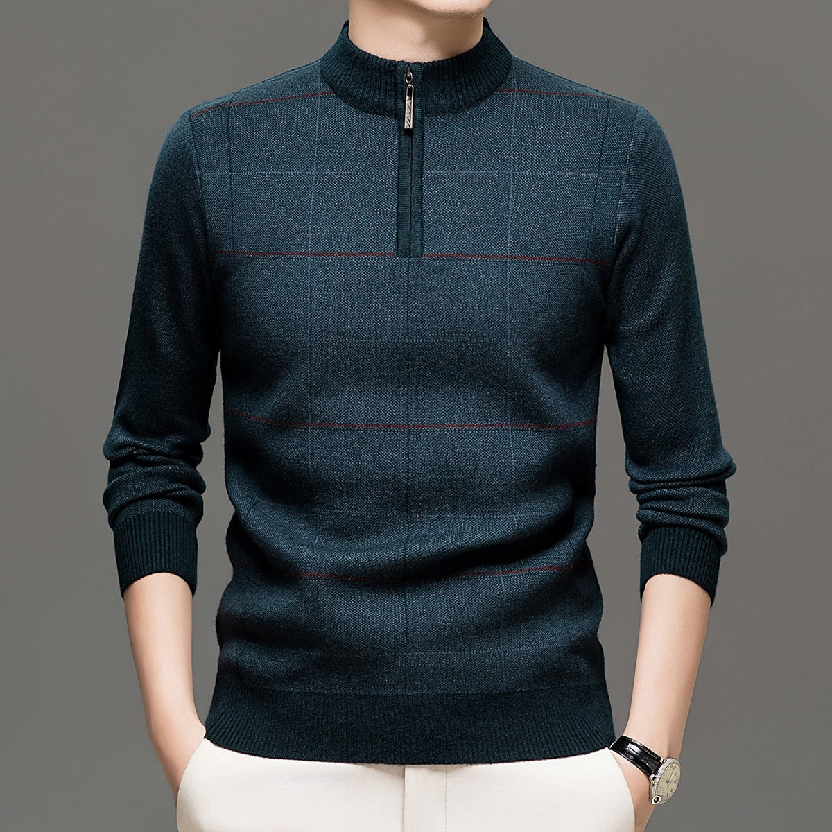 Men's Plaid Half-Zip Knit Sweater | Thick Stretch Fit | JParker