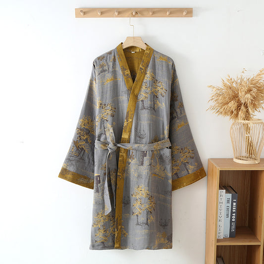 Pure Cotton Jacquard Nightgown with Belt | Oriental Style Robe