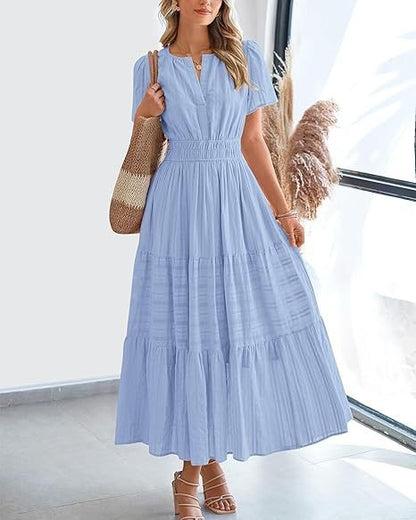 Women's V-Neck Pleated Puff Sleeve Maxi Dress