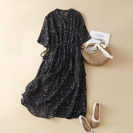 Women's Puff Sleeve Printed Midi Dress | Retro Loose Fit
