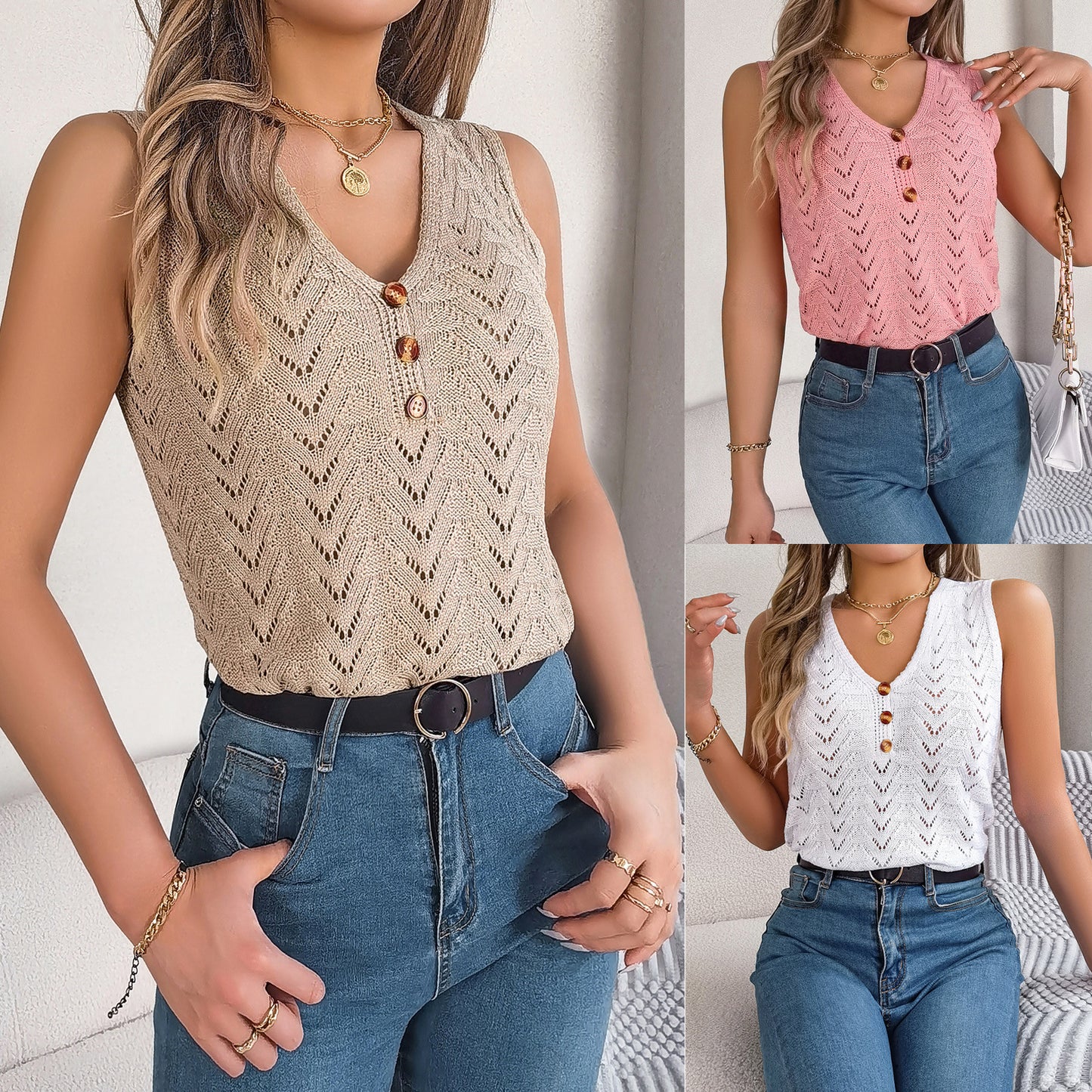 Women's Buttoned V-Neck Hollow-Out Sleeveless Top – 3 Colours