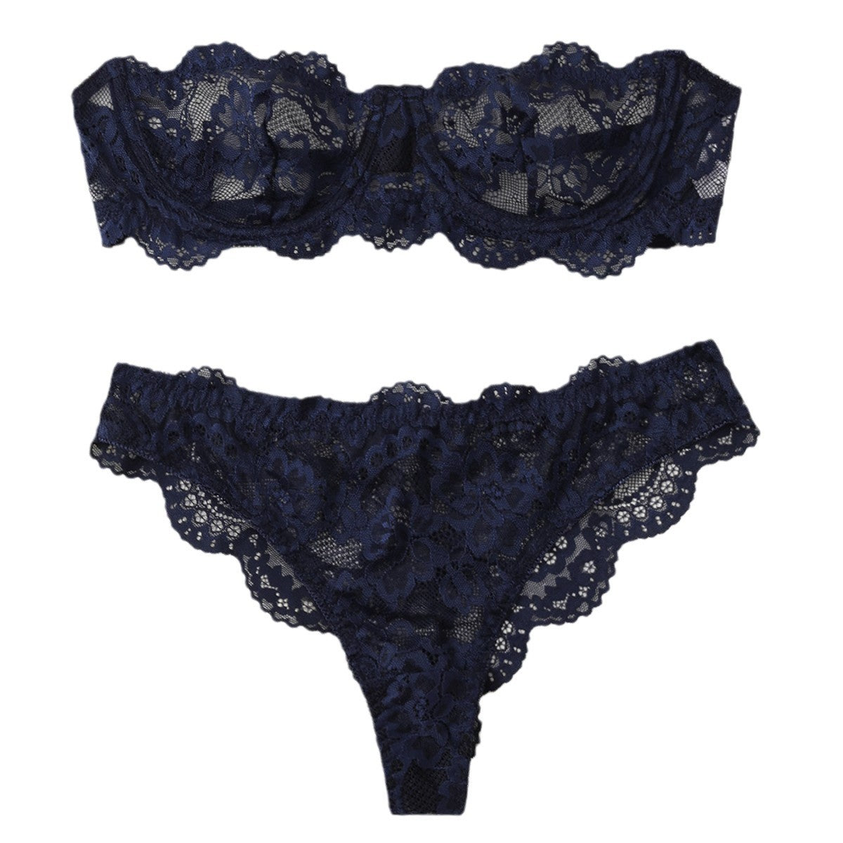 Women's Lace Floral Lingerie Set in Navy Blue | Bra & Knicker Set