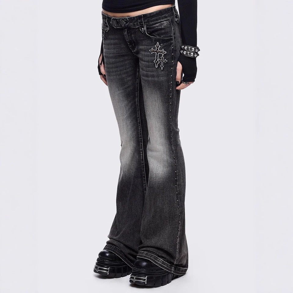 Women's Low-Rise Slim Flared Jeans | Ice Wash | Wing Detail | S–2XL