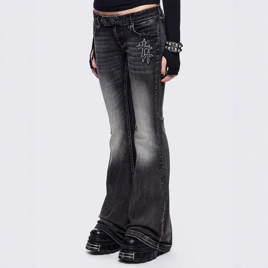 Women's Low-Rise Slim Flared Jeans | Ice Wash | Wing Detail | S–2XL