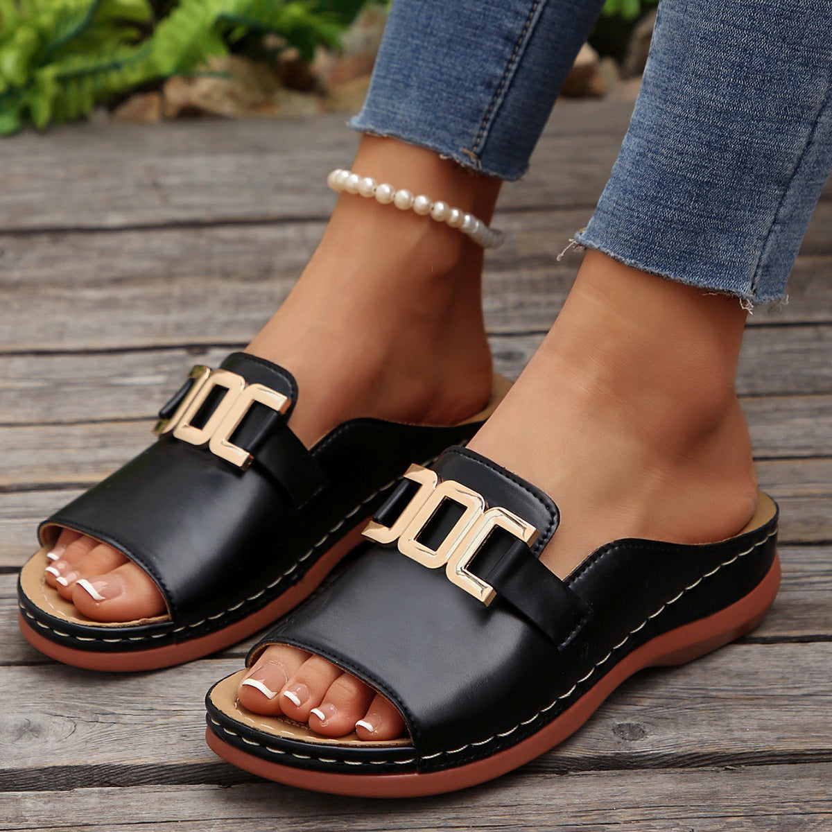 Women's Platform Wedge Sandals | Peep Toe Chain Detail