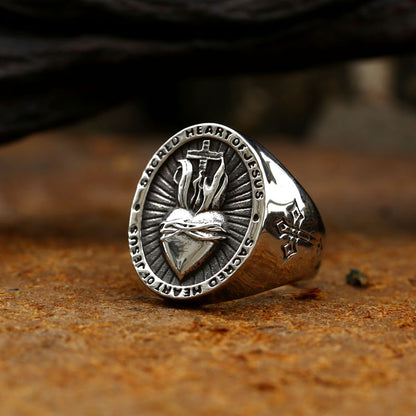 Men's Stainless Steel Sacred Heart of Jesus Ring – Punk Biker Cross Amulet