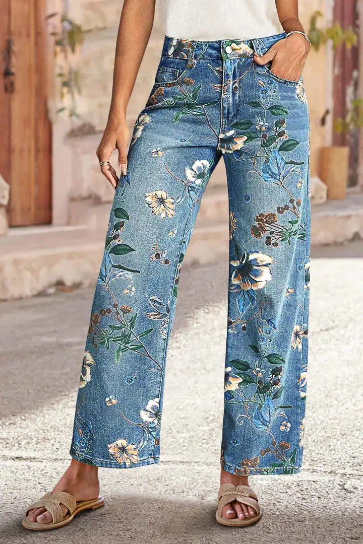 Women's High-Waist Straight-Leg Floral Print Jeans - Light & Dark Blue