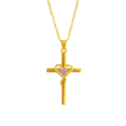 Heart Cross Crystal Pendant Necklace | Electroplated Alloy O-Link Chain for Women