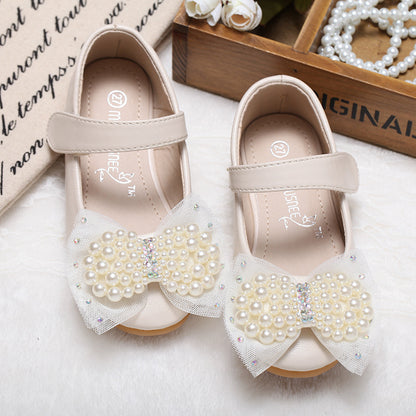 Girls' Pearl Bow Dress Shoes – PU Leather Velcro Flats