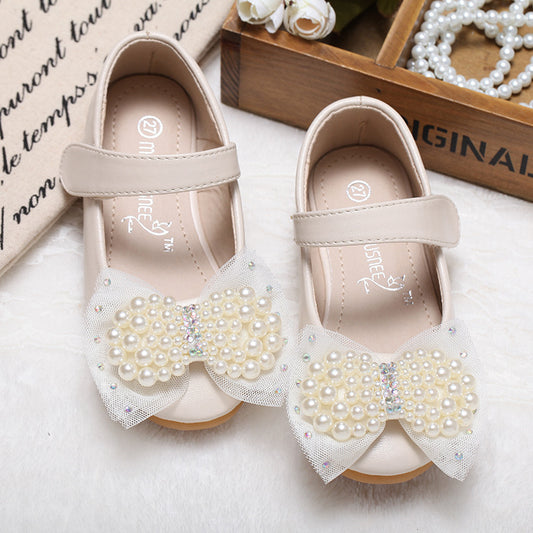 Girls' Pearl Bow Dress Shoes – PU Leather Velcro Flats