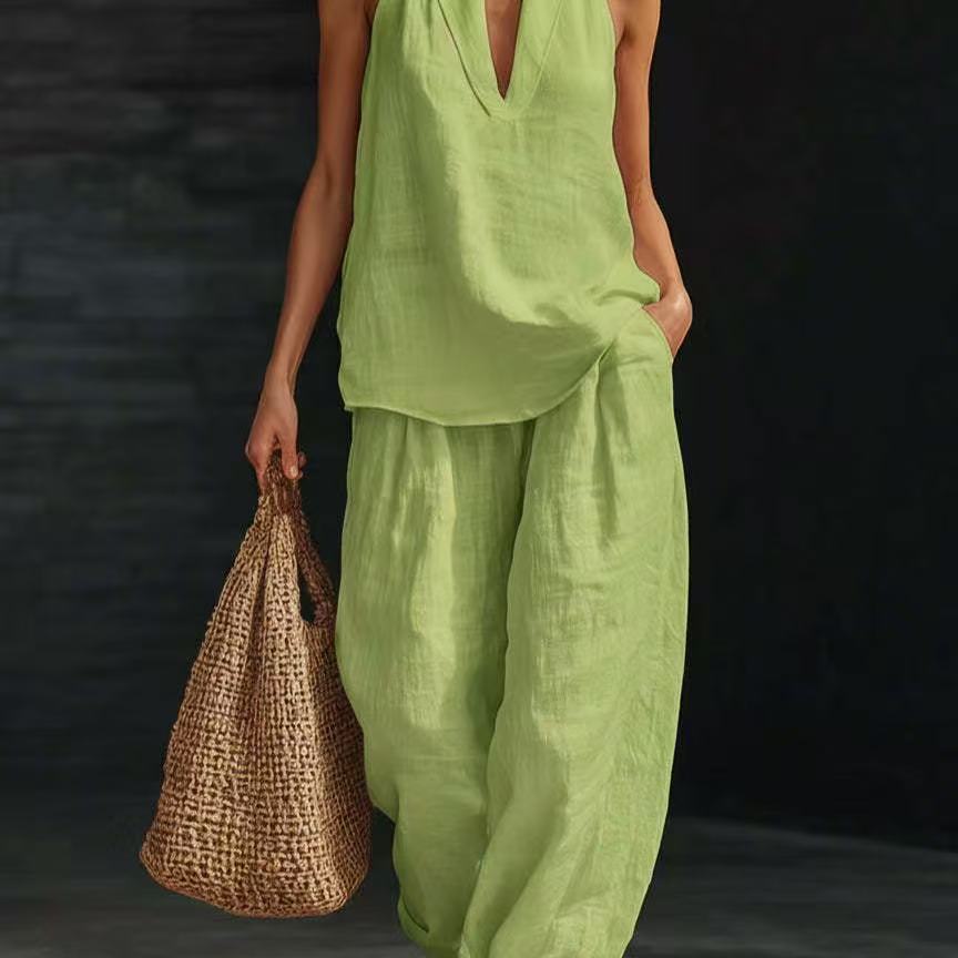 Women's Sleeveless Vest & Wide-Leg Trousers Two-Piece Set