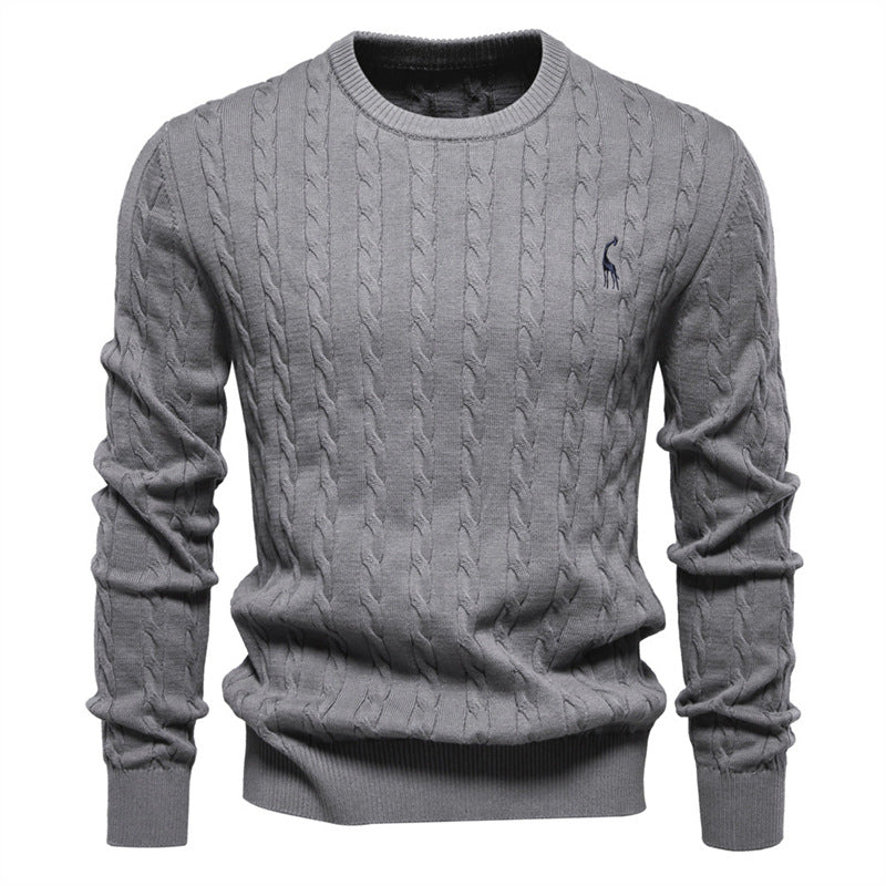 Men's Deer Embroidered Cotton Pullover Sweater | Autumn Casual Knitwear