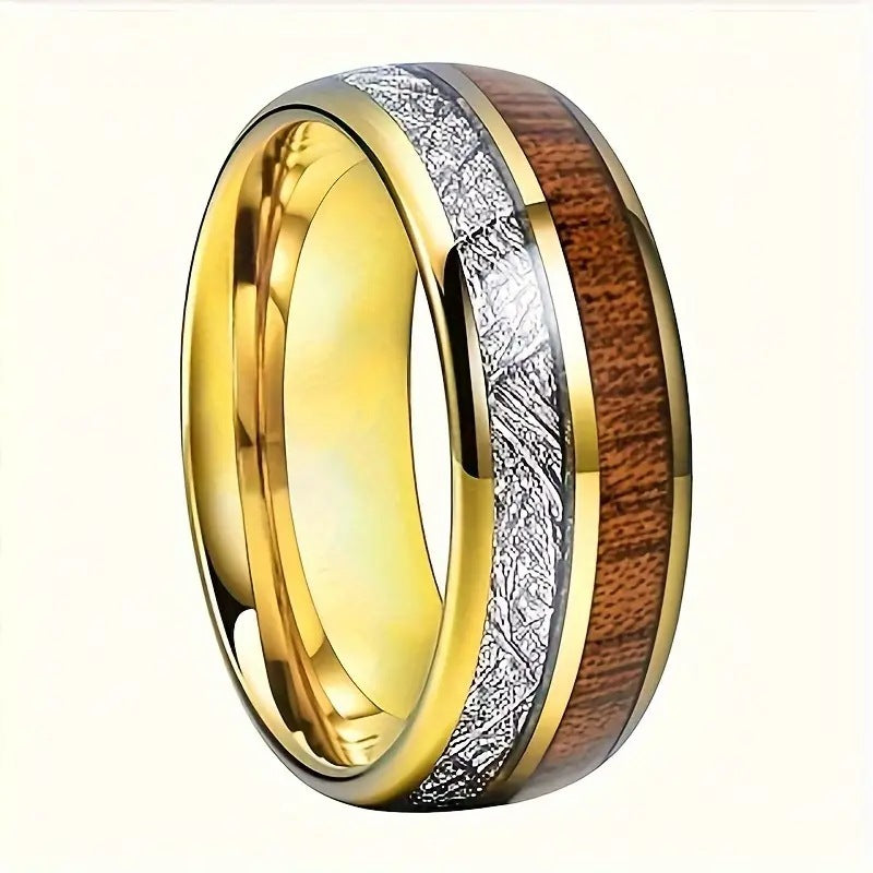 Rosewood Inlay Stainless Steel Ring | Antique Gold Unisex Band Ring