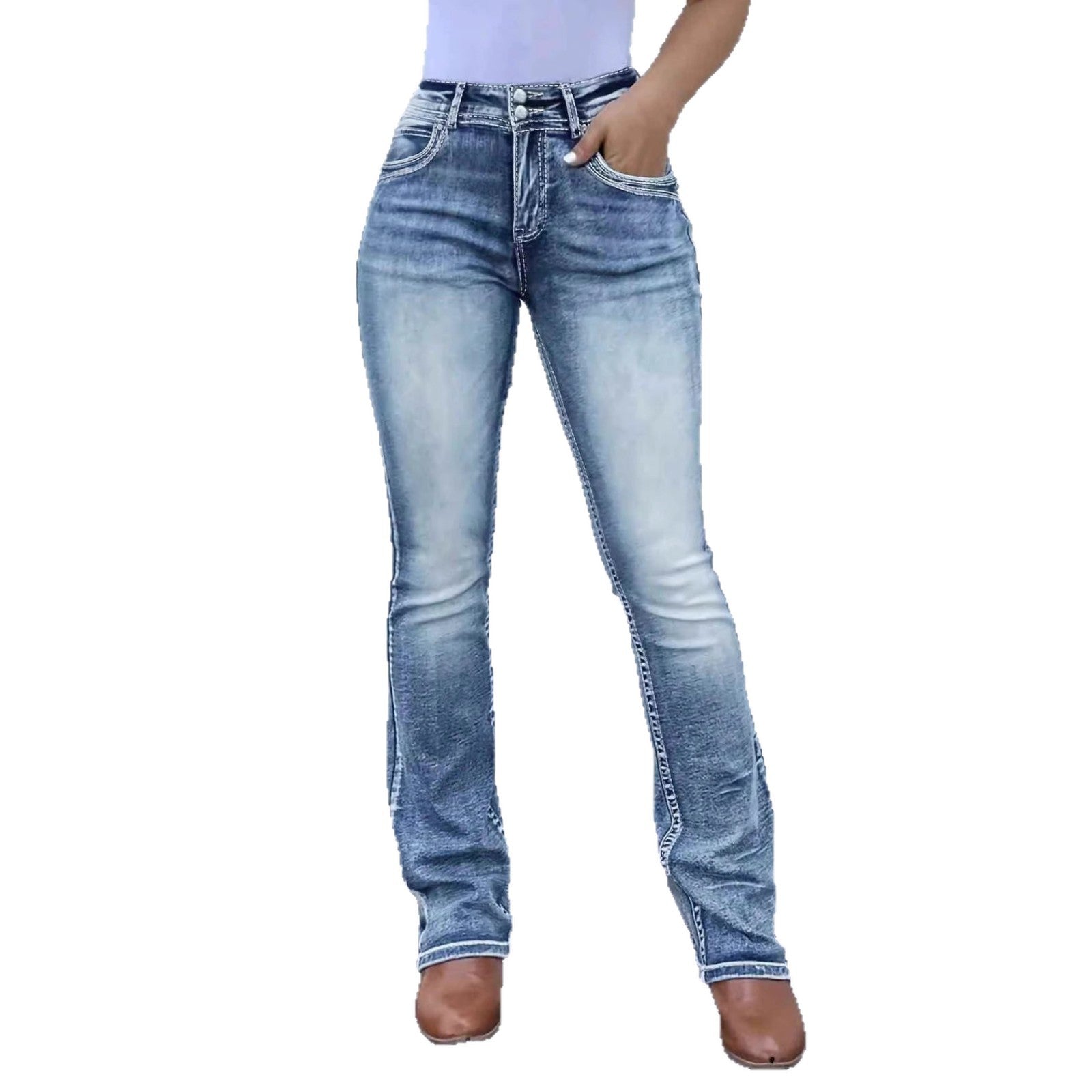 Women's Embroidered Patchwork Stretch Jeans - Washed Blue, S-XXL