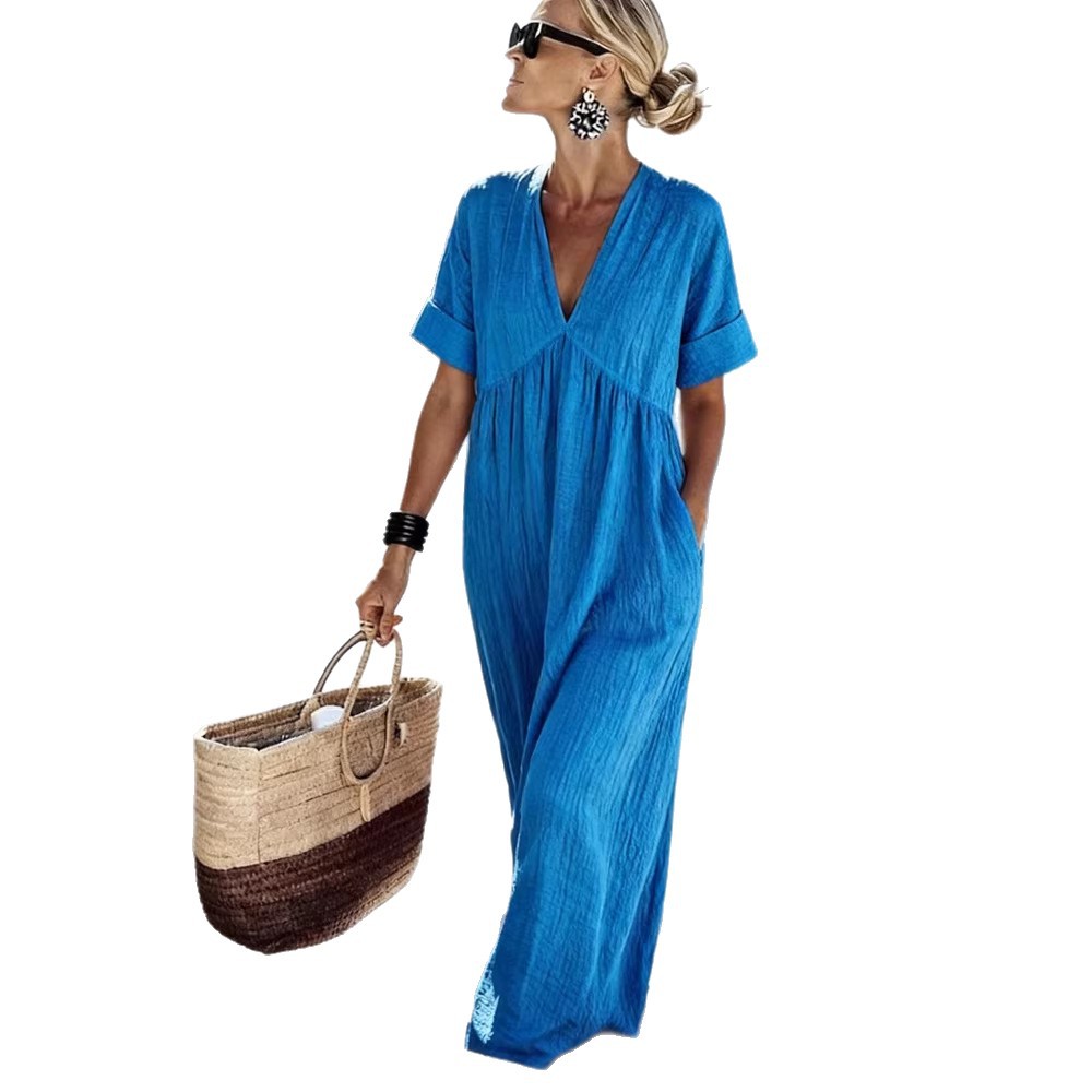 Women's V-Neck Short-Sleeve High-Waist Maxi Dress