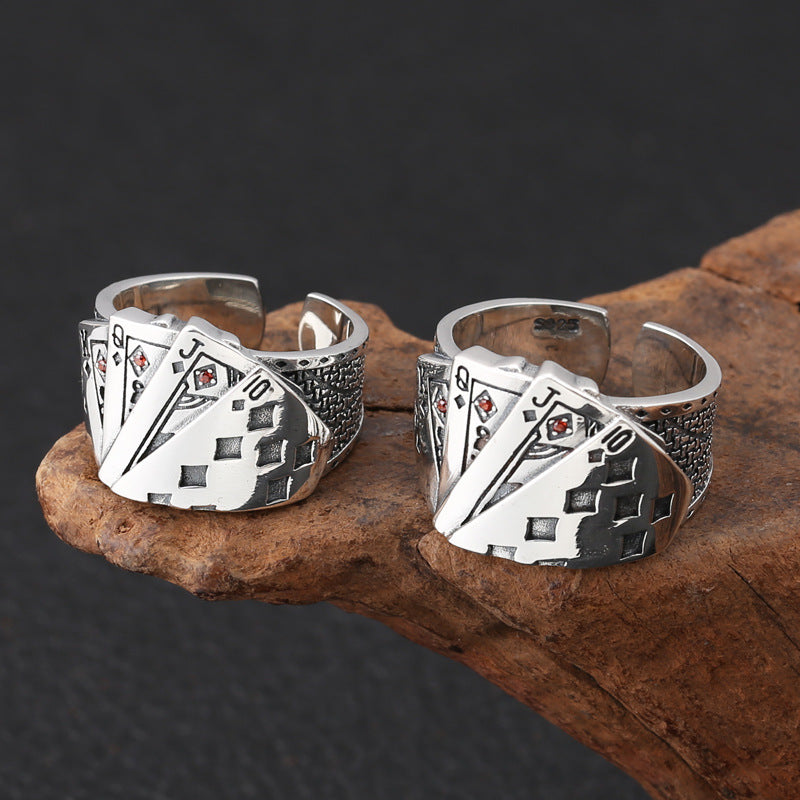 Unisex Zinc Alloy Playing Card Straight Flush Couple Ring – Oil-Drip Statement Band