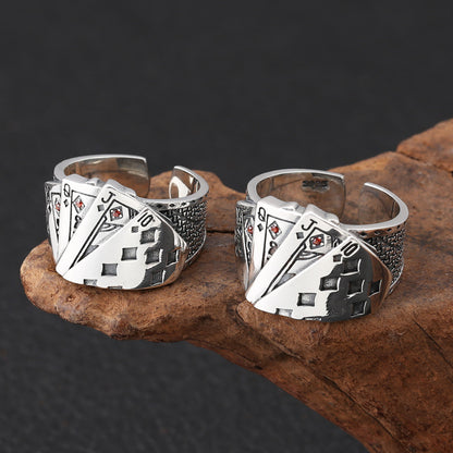 Unisex Zinc Alloy Playing Card Straight Flush Couple Ring – Oil-Drip Statement Band