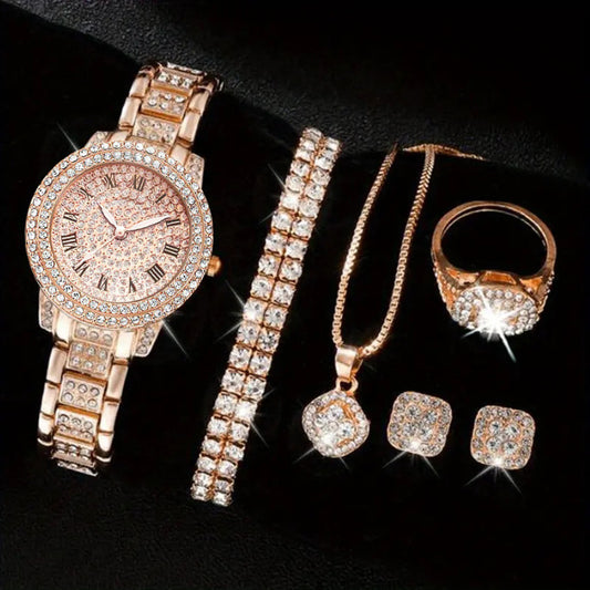 Women's 5-Piece Jewellery & Watch Gift Set – Crystal-Studded