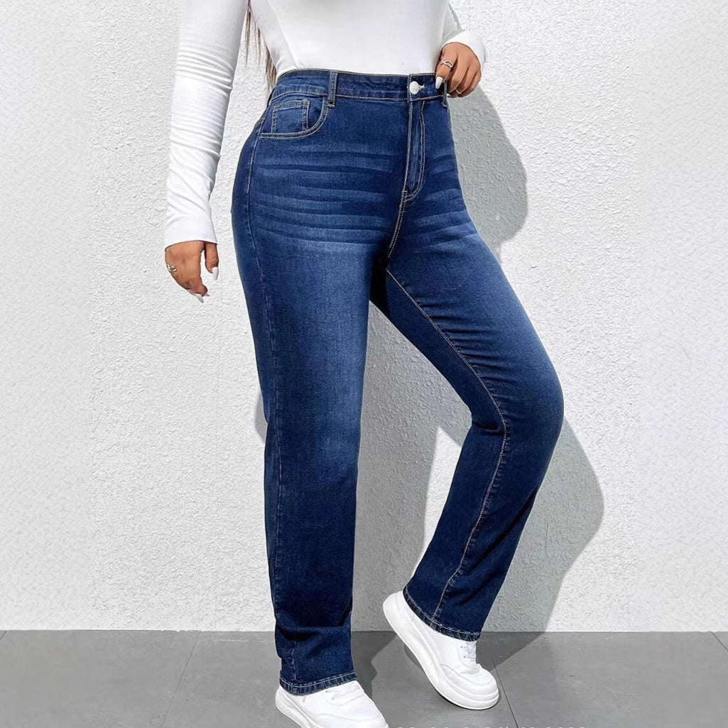 Women's Washed Distressed Straight-Leg Jeans - Dark Blue, S-8XL