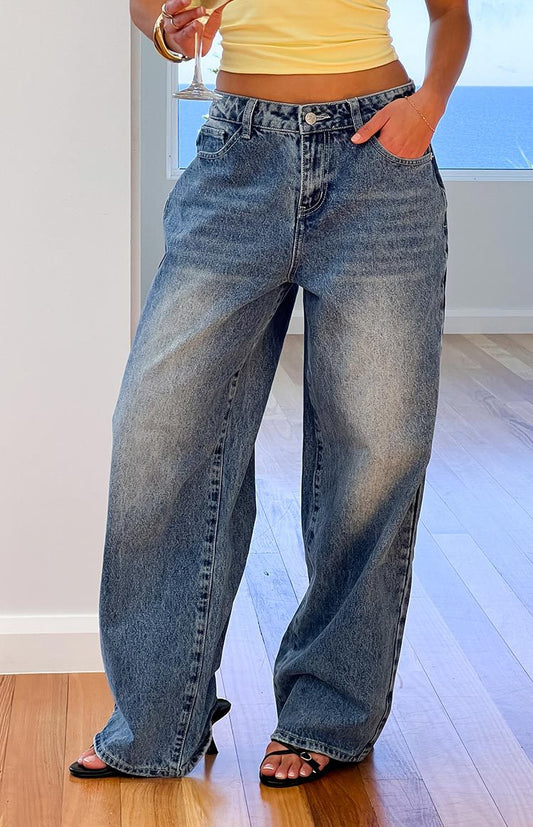 Women's High-Waist Straight-Leg Washed Vintage Jeans - Blue, S-2XL