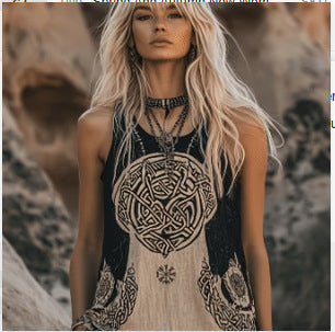 Women's Digital Print Pleated Crew-Neck Tank Top