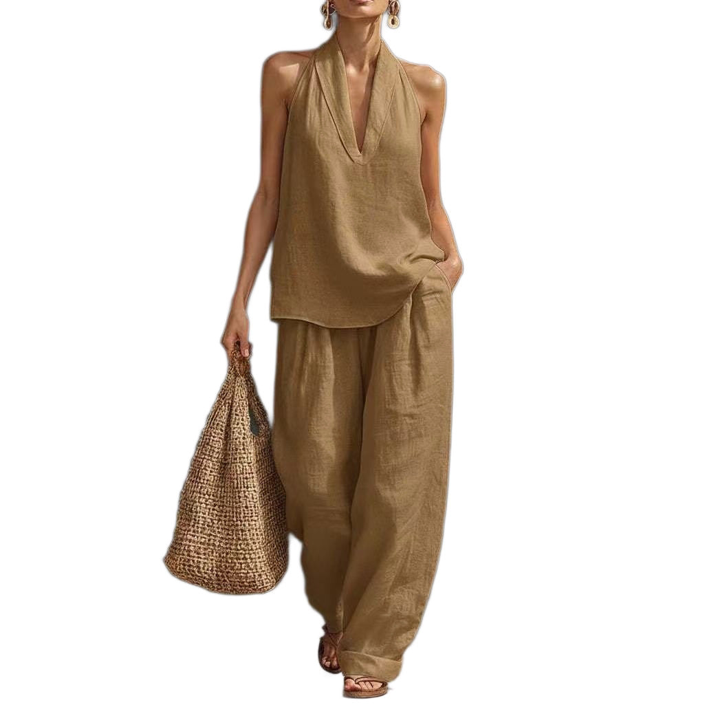 Women's Sleeveless Vest & Wide-Leg Trousers Two-Piece Set
