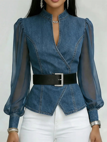 Women's Denim-Print Knitted Long-Sleeve Pullover Top