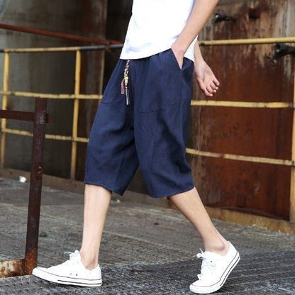 Men's Viscose Linen Cropped Trousers | Loose Fit Casual M-5XL