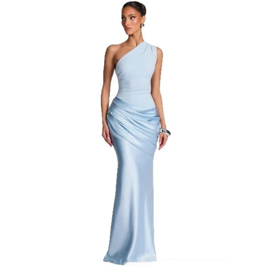 Women's One-Shoulder High Waist Maxi Dress | Brown & Sky Blue