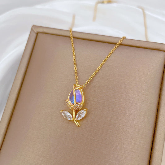 Crystal Tulip Pendant Necklace | Stainless Steel Chain with Copper Micro-Set Pendant