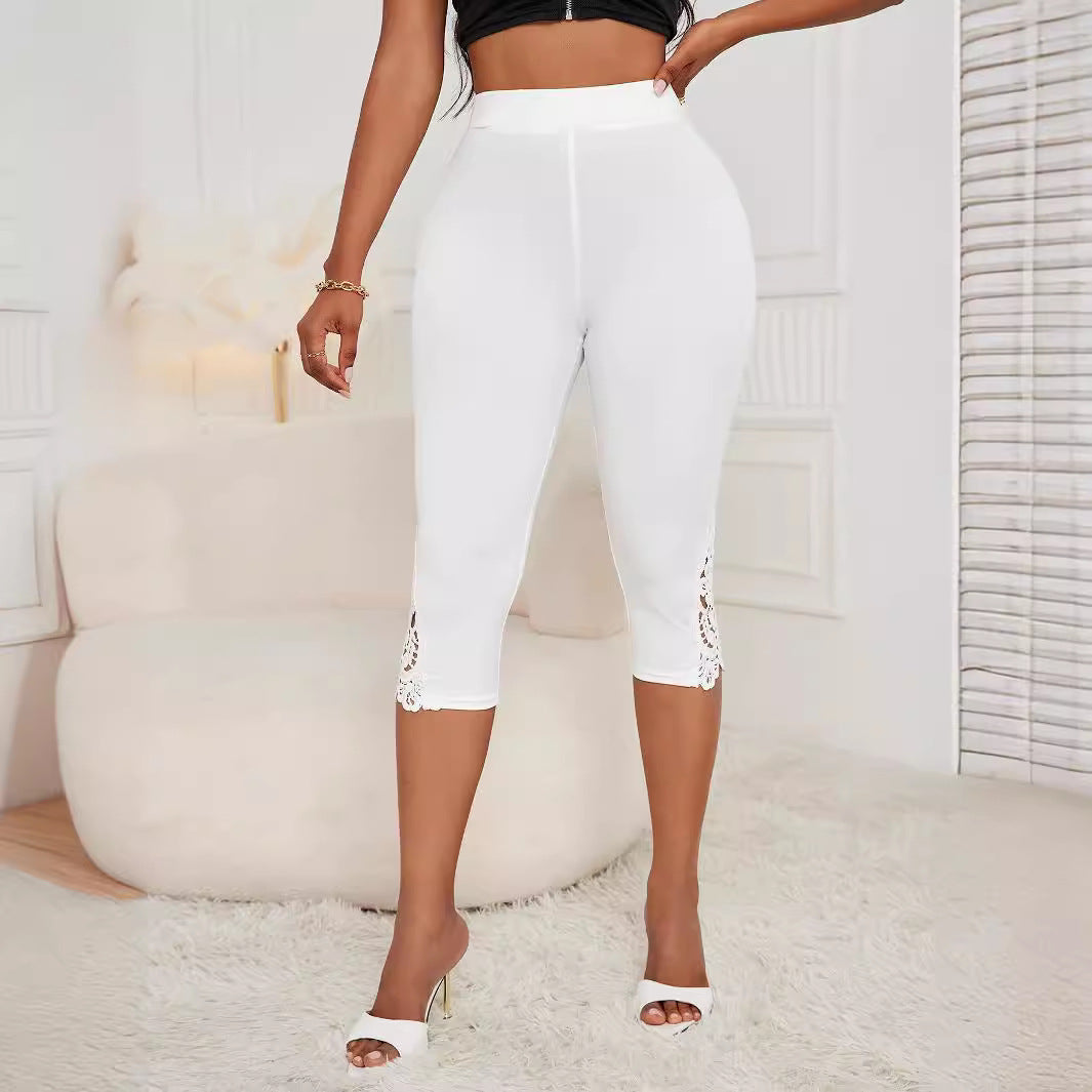 Fashion Slim Fit High Waist Pure Color Lace Patchwork Base Cropped Pants