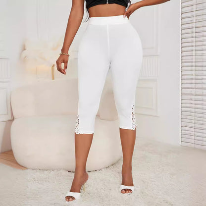 Fashion Slim Fit High Waist Pure Color Lace Patchwork Base Cropped Pants