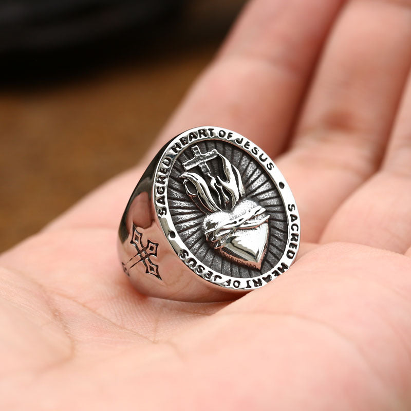 Men's Stainless Steel Sacred Heart of Jesus Ring – Punk Biker Cross Amulet