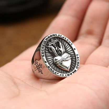 Men's Stainless Steel Sacred Heart of Jesus Ring – Punk Biker Cross Amulet