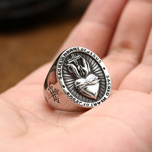 Men's Stainless Steel Sacred Heart of Jesus Ring – Punk Biker Cross Amulet