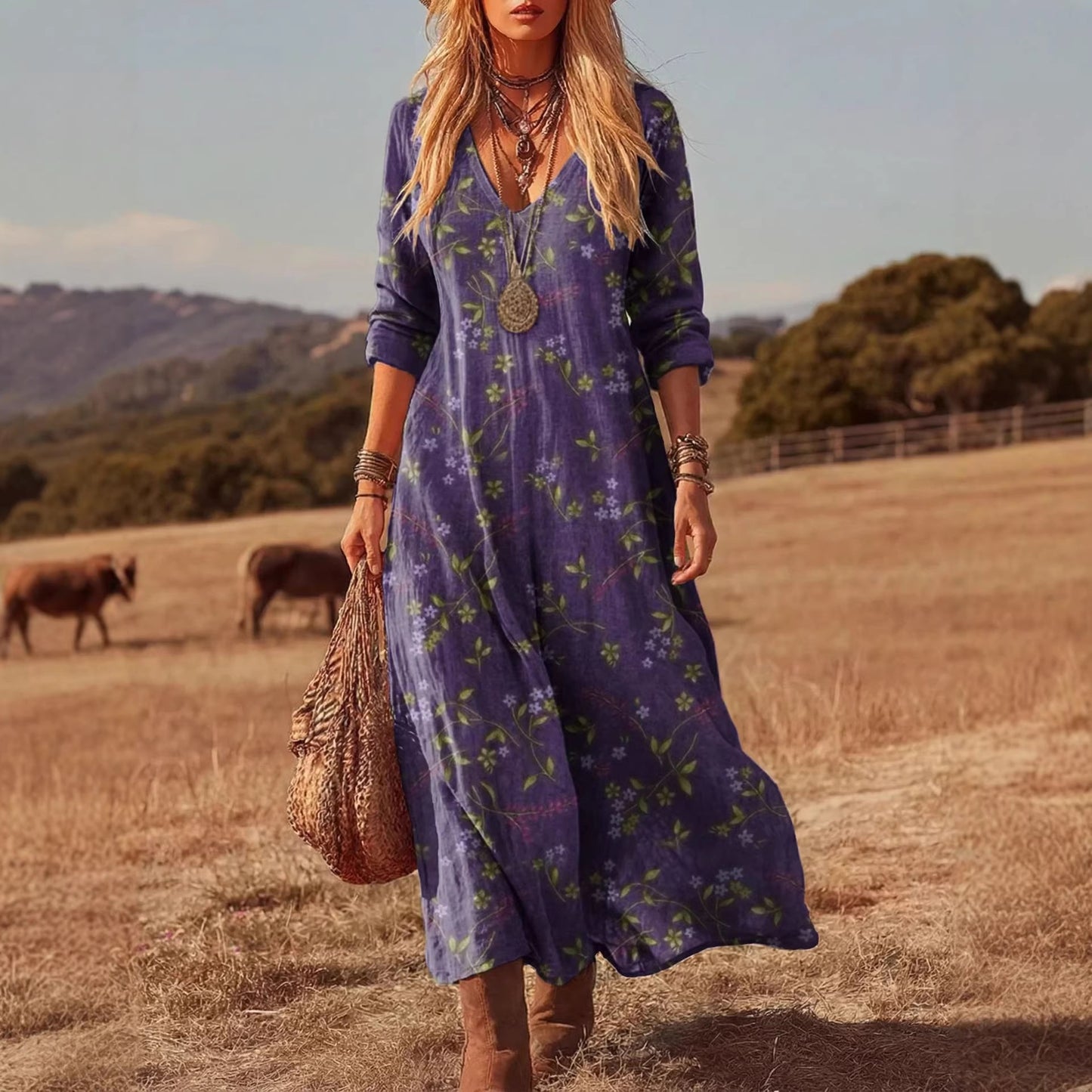 Women's 3D Print V-Neck Long Sleeve A-Line Dress