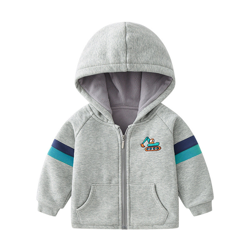 Children's Thickened Cotton Hooded Jacket | Cartoon Embroidered Kids Coat