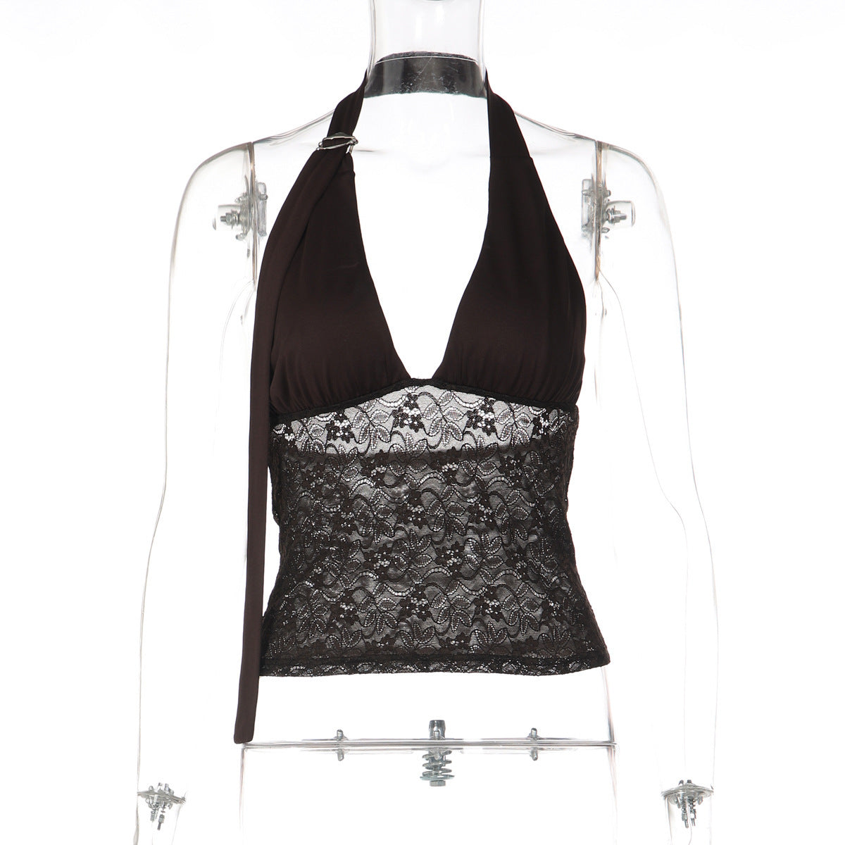 Women's Lace-Spliced Deep V-Neck Halter Top | A-Line Crop Cami