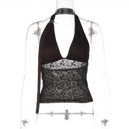 Women's Lace-Spliced Deep V-Neck Halter Top | A-Line Crop Cami